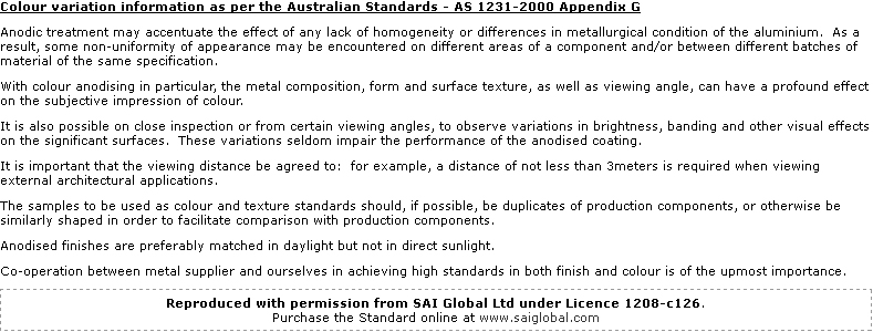 Colour variation information as per Australian Standard